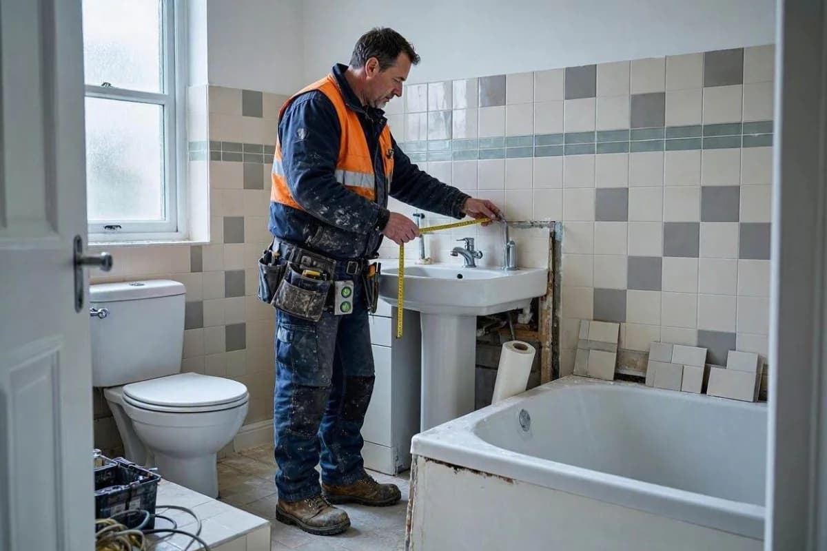 Tiler measuring tiles on a bathroom wall before reviewing their tax software