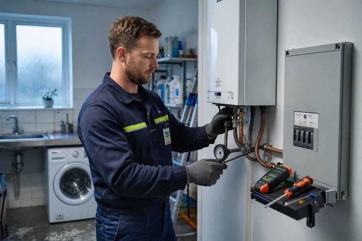 Self-employed gas engineer servicing a boiler in a UK residential property