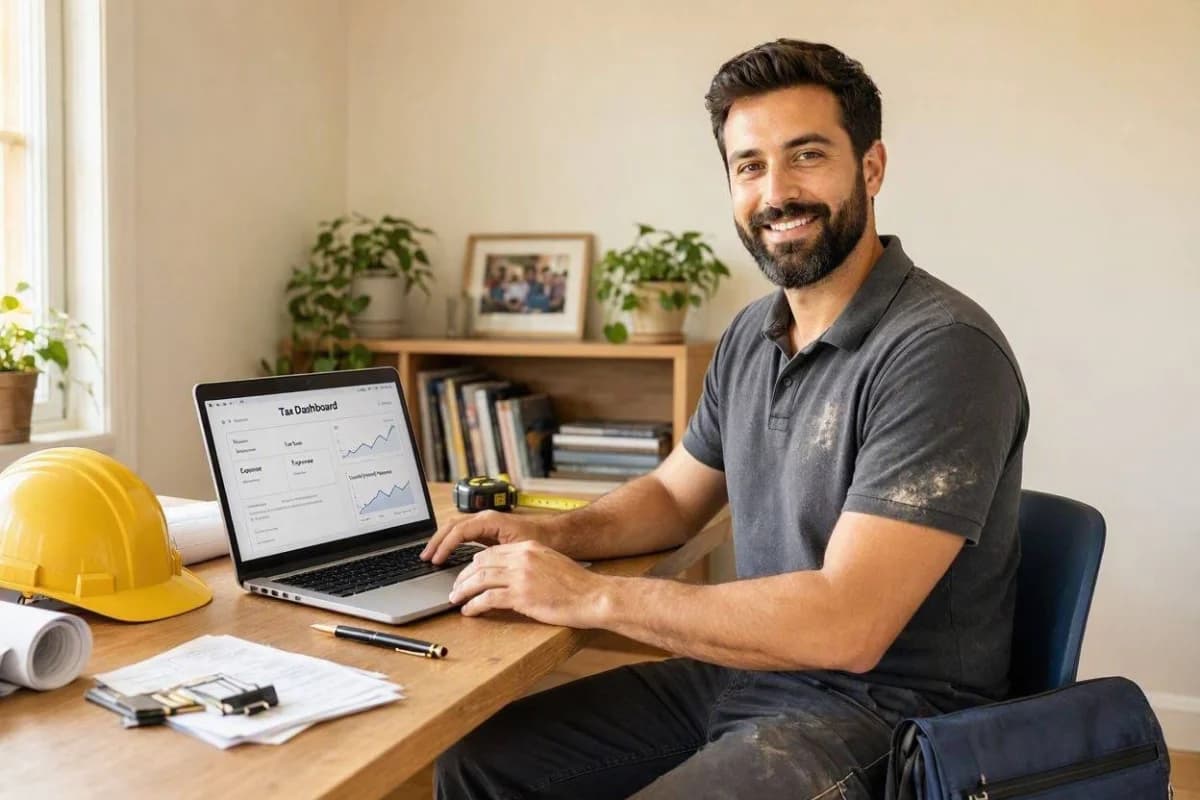 Self-employed handyman reviewing their quarterly tax figures on a laptop