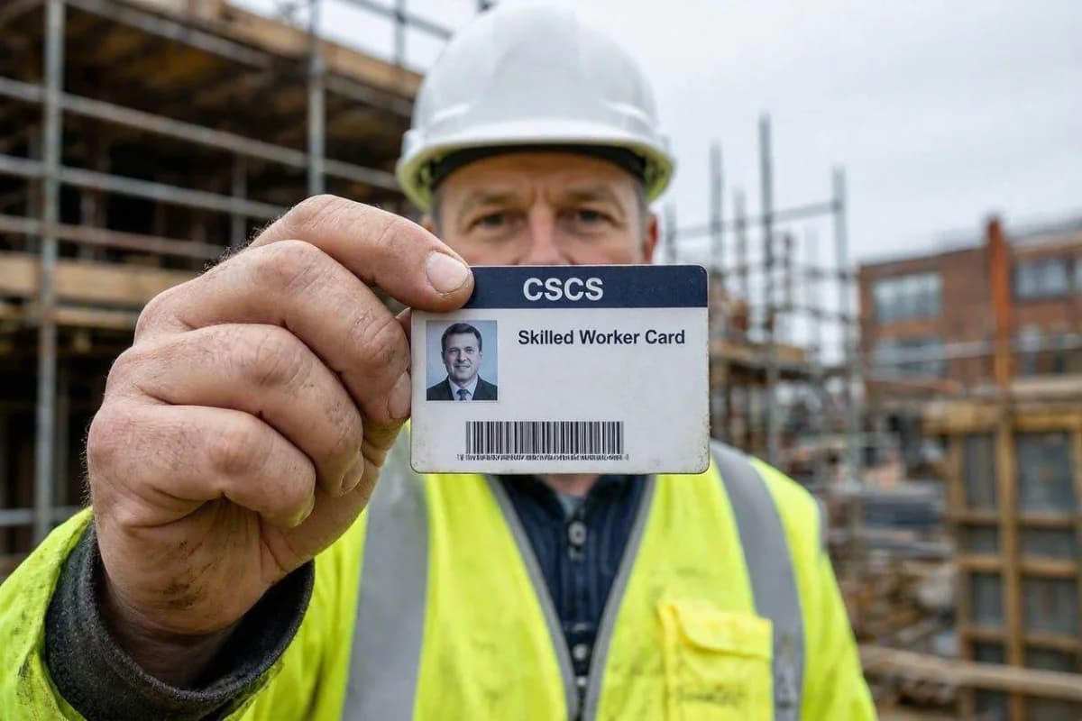 Construction labourer holding a CSCS red card on a UK building site