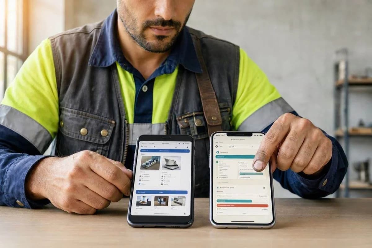 Tiler comparing lead platforms on a smartphone on a bathroom job