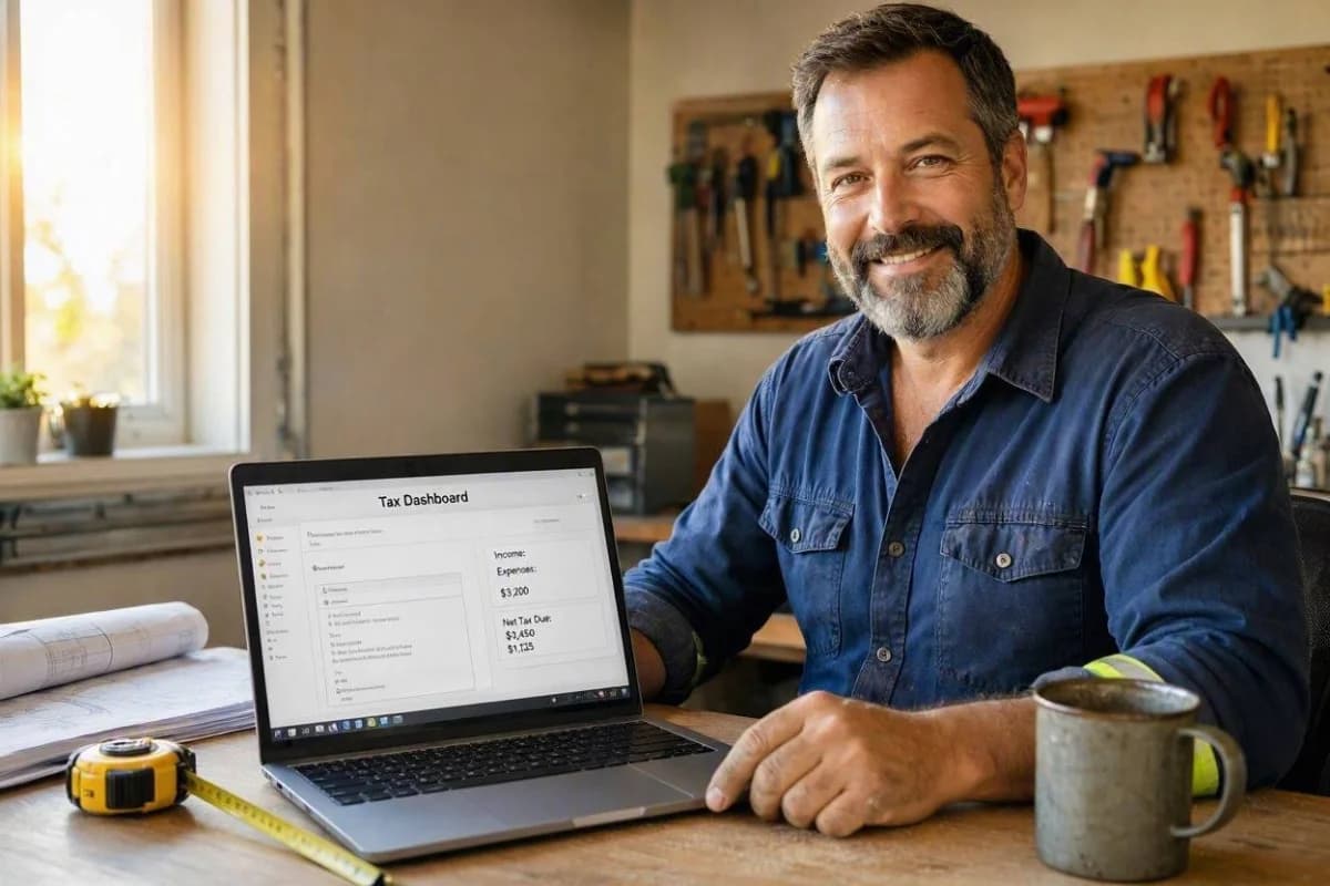 HVAC contractor reviewing tax dashboard on a laptop in a home office