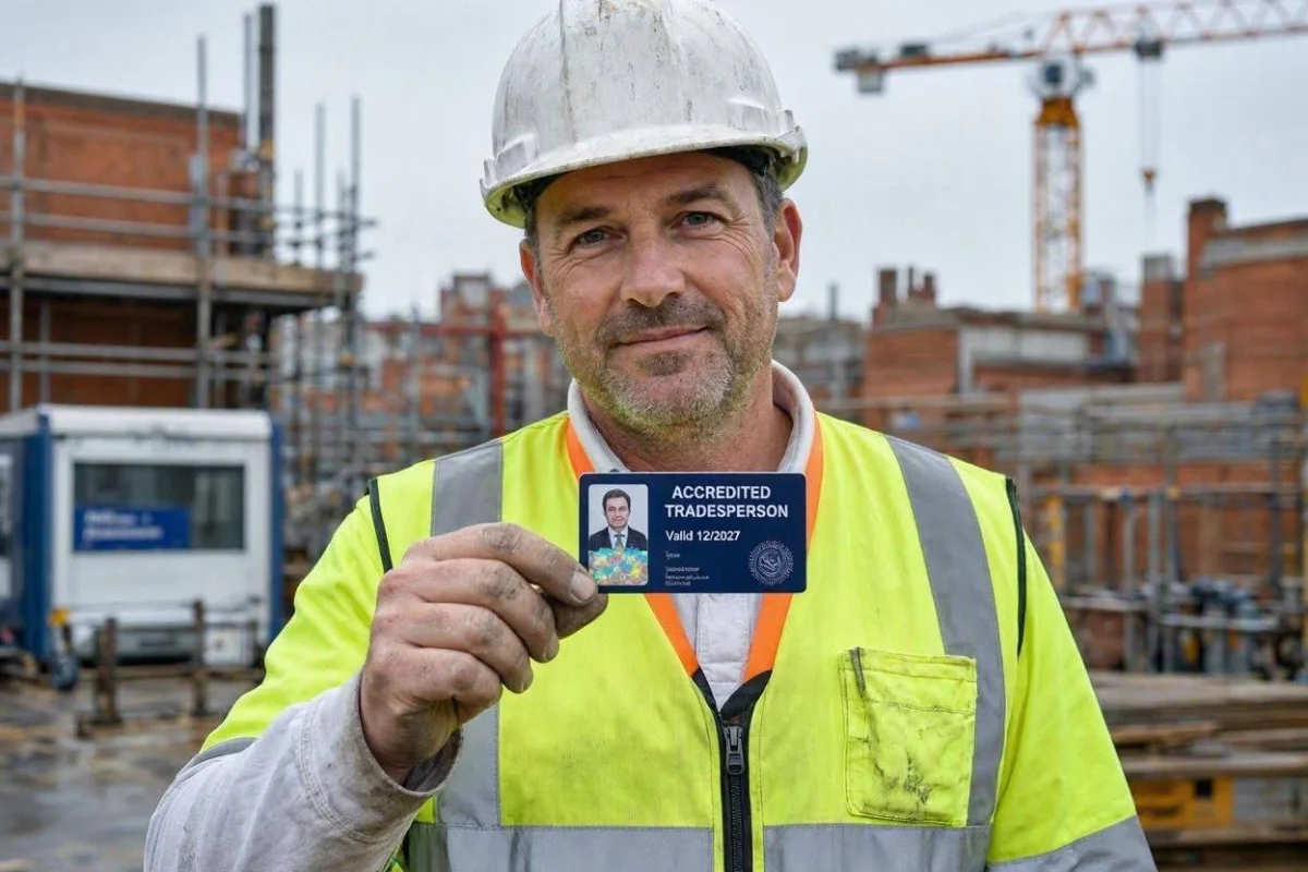 Tradesperson holding up an accreditation card on a UK construction site