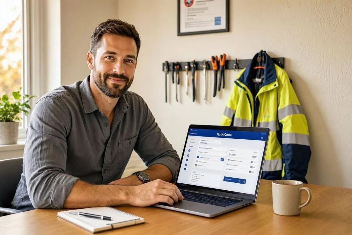 Self-employed UK tradesperson at a home office desk using AI quoting software on a laptop