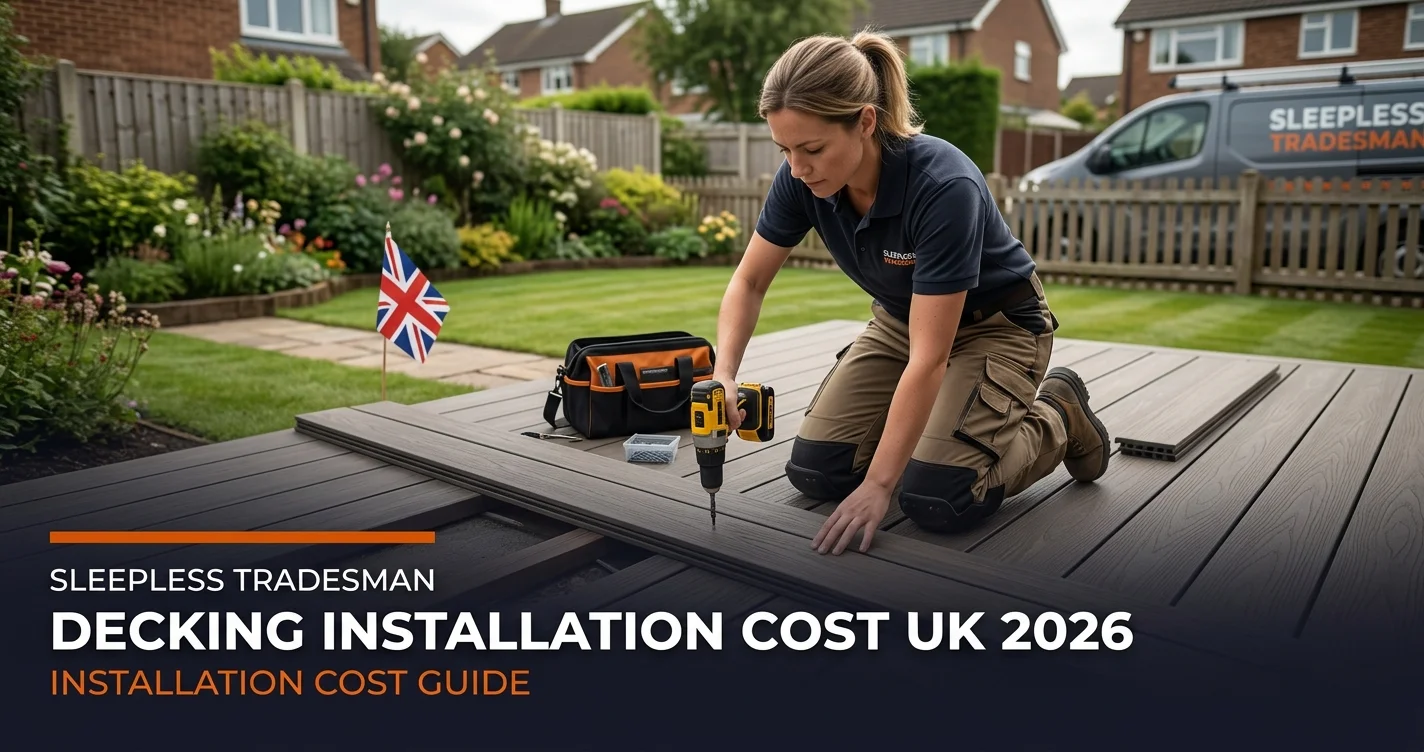 Tradesperson installing garden decking in a UK back garden