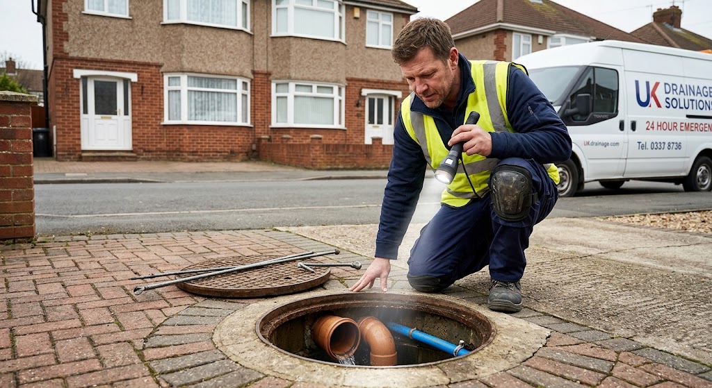 Drainage contractor inspecting an open inspection chamber on a UK residential driveway
