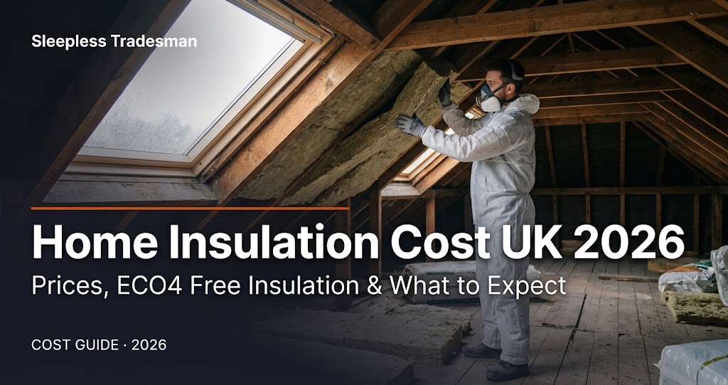 Professional insulation installer fitting mineral wool in a UK house loft — Home Insulation Cost UK 2026 guide cover