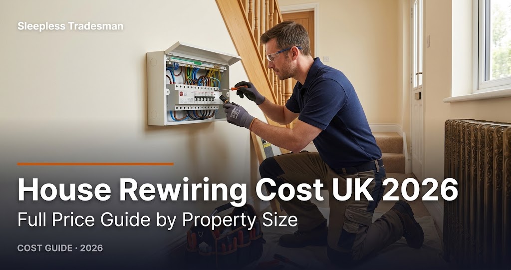 Electrician working on consumer unit in UK hallway — House Rewiring Cost UK 2026 guide cover