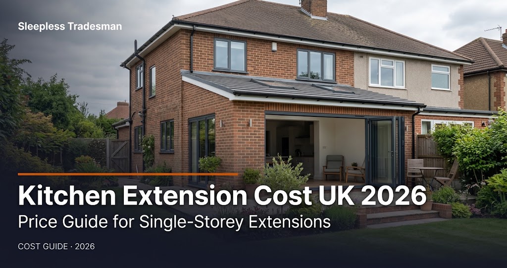 Completed single-storey rear kitchen extension on UK semi-detached house with bi-fold doors opening to a garden