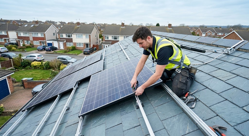 Solar panel installer in safety harness fitting photovoltaic panels on a UK residential slate roof
