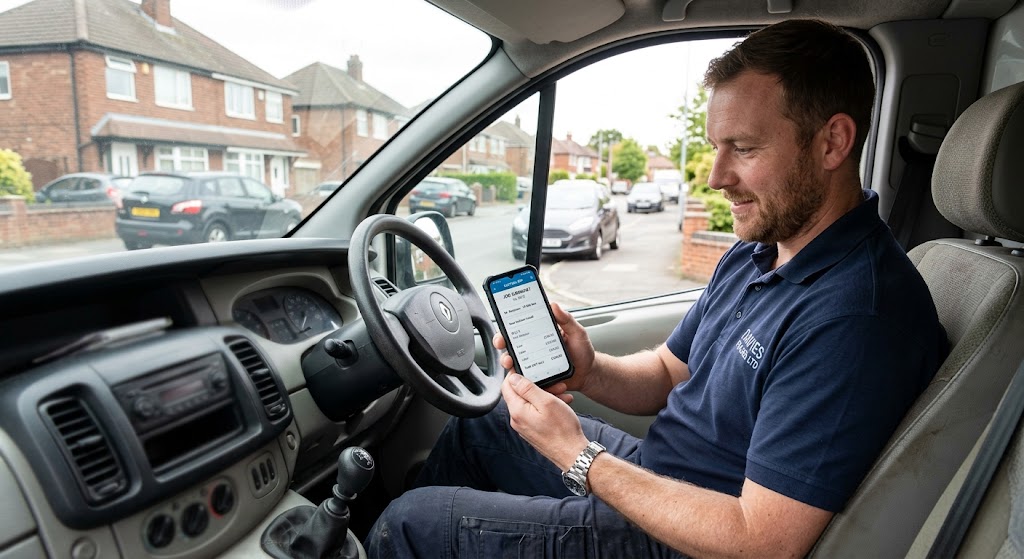 UK tradesman checking a job management app on his smartphone while sitting in a white van