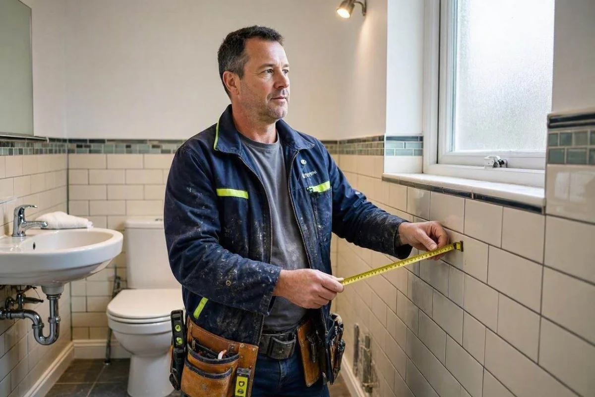 Tradesperson measuring during a bathroom renovation in a UK home