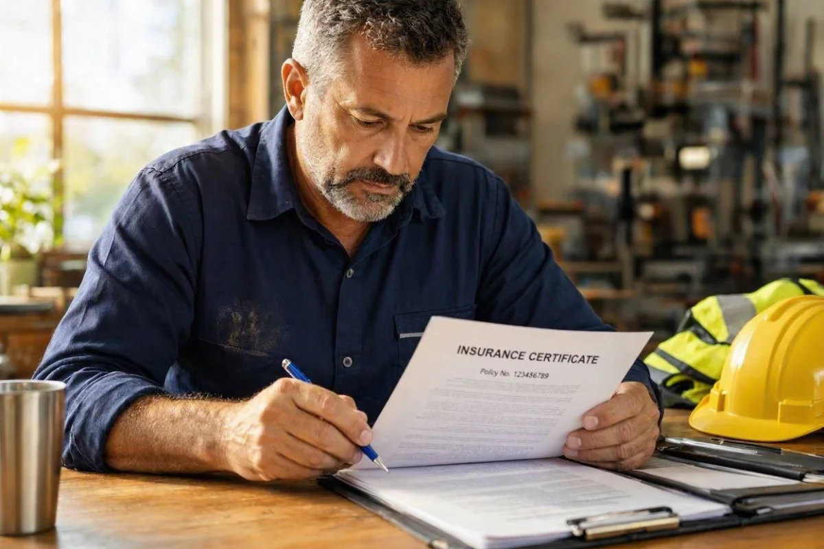 Tradesperson reviewing documents and insurance paperwork at a desk
