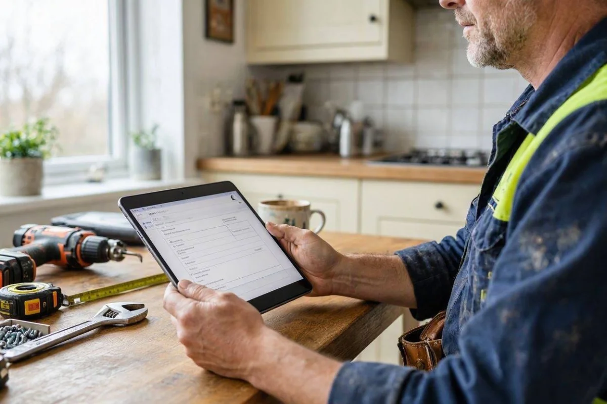 Tradesperson reviewing invoice on tablet at kitchen table with tools