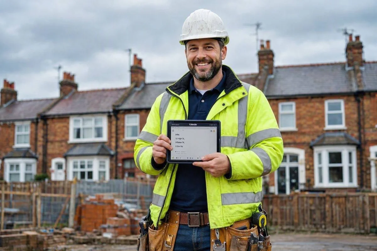 Tradesperson on UK job site holding tablet showing job schedule