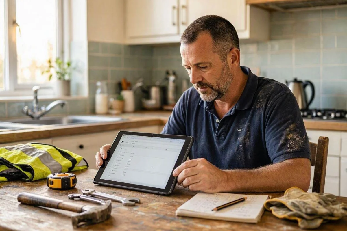 Tradesperson using tablet to review job quotes and costs