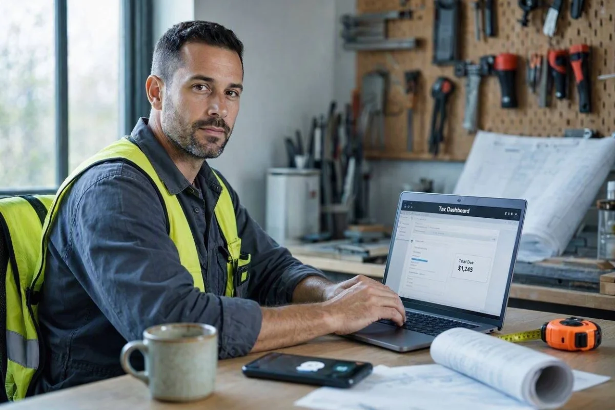 Tradesperson completing a tax return at a desk with tools nearby