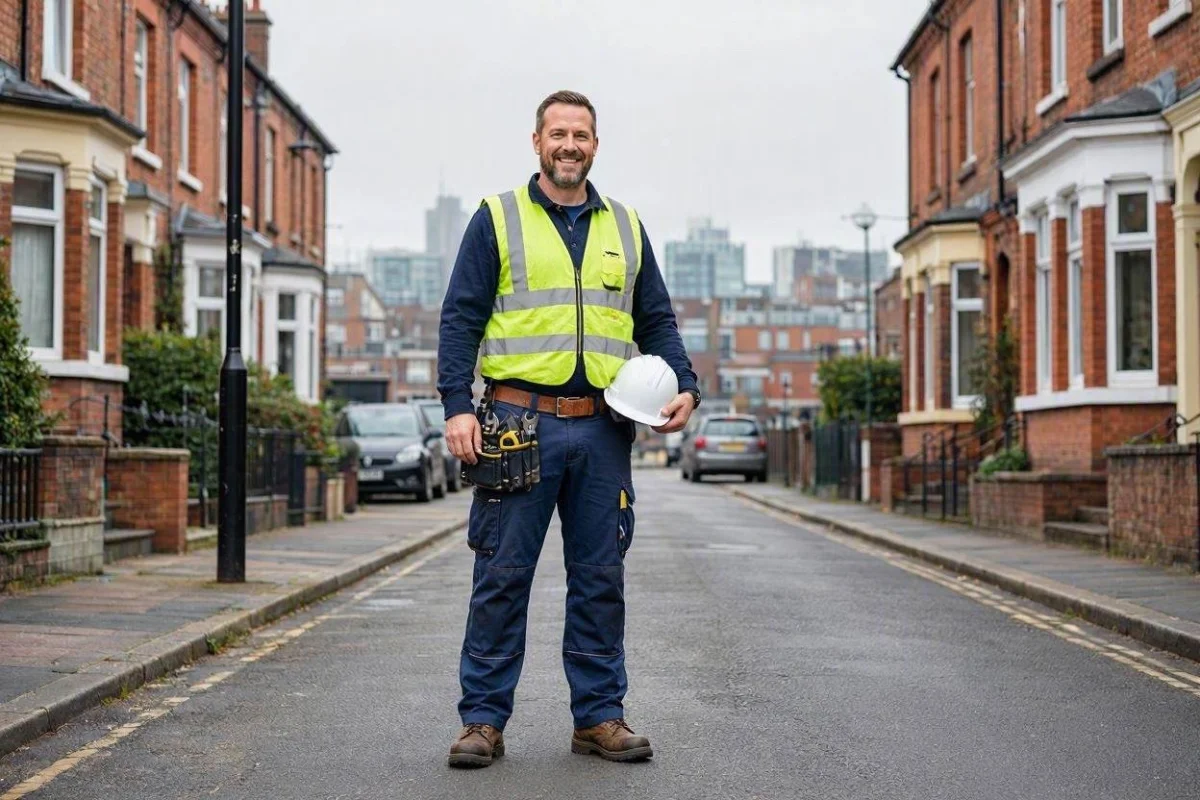 Tradesperson in work gear and tool belt standing on a UK city street