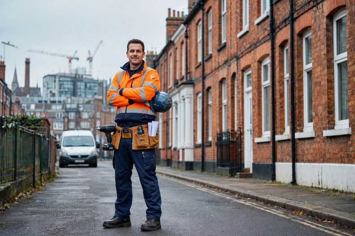 UK tradesperson in hi-vis standing confidently on a residential street