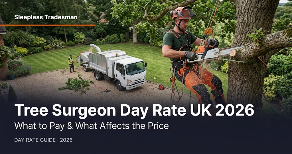Tree surgeon in harness using chainsaw at height in UK garden — Tree Surgeon Day Rate UK 2026 guide cover