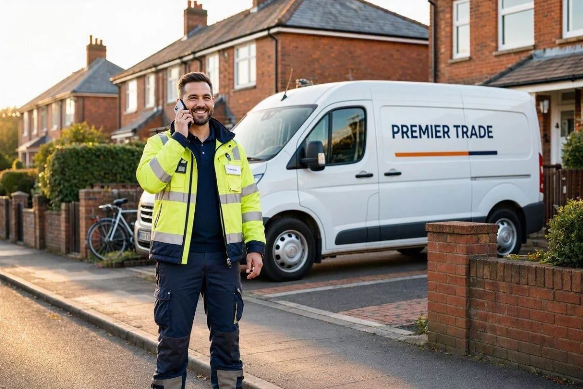 UK tradesman on the phone in front of his work van on a residential street
